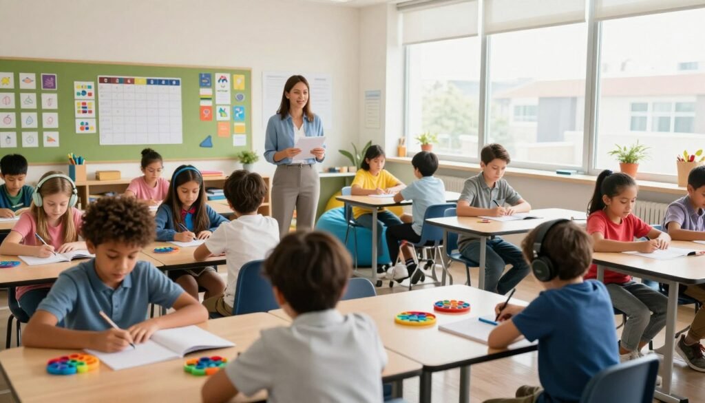 A bright and engaging classroom designed to accommodate children with ADHD. In the foreground, a diverse group of students, dressed in casual yet professional clothing, are actively engaged at their individual workstations, using tools like fidget toys, noise-canceling headphones, and tactile learning materials. The middle ground features a teacher, offering guidance, standing among colorful learning resources on the walls, including visual aids and schedules. In the background, large windows let in plenty of natural light, creating a warm and inviting atmosphere. The classroom layout is open and flexible, with various seating options like bean bags and standing desks. The overall mood is one of focus, creativity, and support, emphasizing an environment tailored for effective learning for children with ADHD.