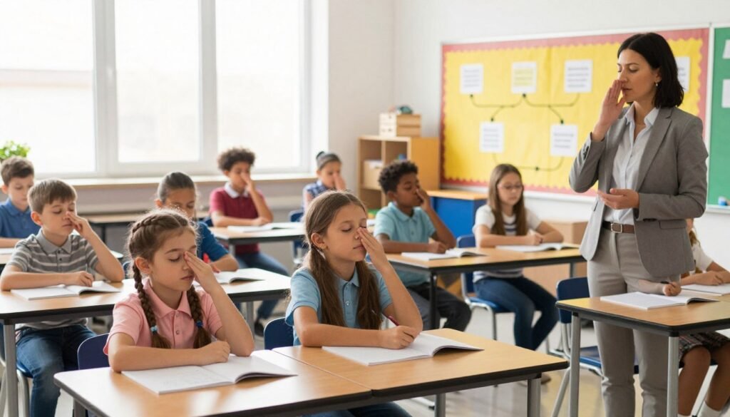 A bright and engaging elementary school classroom, filled with diverse students aged 8-10 years old, seated at colorful desks. In the foreground, a teacher, dressed in professional attire, demonstrates a mindfulness activity, guiding students in deep breathing and visualization techniques. The children are depicted in various poses, some with closed eyes, focusing on their feelings, while others draw or write in journals. The middle ground features a vibrant bulletin board showcasing the steps of emotion regulation processes. In the background, large windows let in soft, natural light, creating a warm and inviting atmosphere. The overall mood is calm and supportive, emphasizing the importance of integrating emotional techniques into school routines for better behavior and performance. A bright and engaging elementary school classroom, filled with diverse students aged 8-10 years old, seated at colorful desks. In the foreground, a teacher, dressed in professional attire, demonstrates a mindfulness activity, guiding students in deep breathing and visualization techniques. The children are depicted in various poses, some with closed eyes, focusing on their feelings, while others draw or write in journals. The middle ground features a vibrant bulletin board showcasing the steps of emotion regulation processes. In the background, large windows let in soft, natural light, creating a warm and inviting atmosphere. The overall mood is calm and supportive, emphasizing the importance of integrating emotional techniques into school routines for better behavior and performance.
