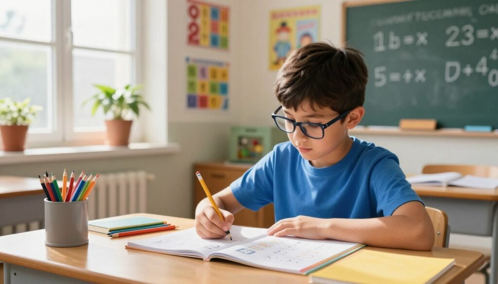 A bright, inviting classroom scene depicting a focused 7-year-old boy working diligently at a wooden desk, surrounded by colorful learning materials. In the foreground, he wears a blue T-shirt and glasses, intently studying a math workbook, with a pencil poised in his hand. In the middle ground, various educational posters adorn the walls, showcasing numbers and letters, while a plant sits on the windowsill bathed in warm, natural sunlight. The background reveals a chalkboard with math problems written in chalk, adding an element of activity. The atmosphere is calm yet energized, suggesting concentration and engagement in learning, emphasizing a supportive environment for children to thrive academically. The lighting is soft and warm, enhancing focus. A bright, inviting classroom scene depicting a focused 7-year-old boy working diligently at a wooden desk, surrounded by colorful learning materials. In the foreground, he wears a blue T-shirt and glasses, intently studying a math workbook, with a pencil poised in his hand. In the middle ground, various educational posters adorn the walls, showcasing numbers and letters, while a plant sits on the windowsill bathed in warm, natural sunlight. The background reveals a chalkboard with math problems written in chalk, adding an element of activity. The atmosphere is calm yet energized, suggesting concentration and engagement in learning, emphasizing a supportive environment for children to thrive academically. The lighting is soft and warm, enhancing focus.