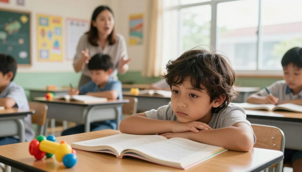 A classroom scene featuring a young child, around 7 years old, sitting at a wooden desk, looking fatigued and distracted while staring blankly at an open textbook. The child has disheveled hair and dark circles under their eyes, wearing a simple, casual t-shirt. In the foreground, a colorful toy is slightly out of focus, emphasizing the distractions around the child. In the middle ground, a teacher is speaking animatedly, but the child remains unengaged. The background shows a bright classroom filled with educational posters and sunlight streaming in through large windows, creating a warm yet overwhelming atmosphere. Capture the mood of exhaustion and struggle, using soft, natural lighting to highlight the child's weary expression and the vibrant colors of the classroom, shot from a slight angle to convey depth and focus on the child's attention issues.