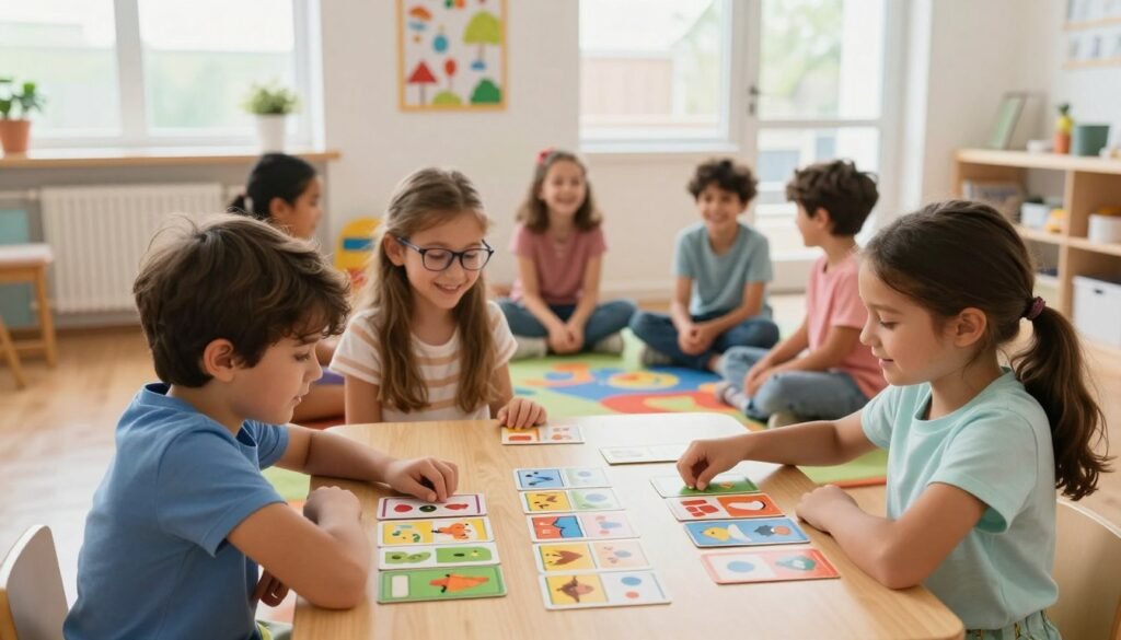 A colorful and engaging scene of children playing memory games in a bright, cheerful space. In the foreground, two children, a boy and a girl, are intently focused on matching cards in the center of a wooden table, surrounded by vibrant card designs featuring animals and shapes. In the middle, a group of diverse children, including a girl with glasses and a boy with tousled hair, are seen laughing and discussing their strategies while seated on a playful carpet. The background features a cozy, well-lit room with educational posters on the walls, soft natural light filtering through large windows, creating a warm and inviting atmosphere. The mood is lively and fun, capturing the excitement of learning and enhancing concentration through memory games. A colorful and engaging scene of children playing memory games in a bright, cheerful space. In the foreground, two children, a boy and a girl, are intently focused on matching cards in the center of a wooden table, surrounded by vibrant card designs featuring animals and shapes. In the middle, a group of diverse children, including a girl with glasses and a boy with tousled hair, are seen laughing and discussing their strategies while seated on a playful carpet. The background features a cozy, well-lit room with educational posters on the walls, soft natural light filtering through large windows, creating a warm and inviting atmosphere. The mood is lively and fun, capturing the excitement of learning and enhancing concentration through memory games.