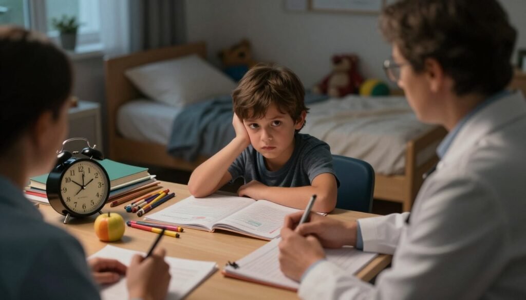 A concerned child psychologist observes a young child sitting at a desk cluttered with schoolbooks and toys, visibly tired with dark circles under their eyes. The foreground includes the psychologist, a middle-aged person in a professional attire, examining the child's distress. In the middle ground, the child is surrounded by homework assignments, crayons, and a clock depicting late hours, symbolizing disrupted sleep patterns. The background features a dimly lit bedroom with scattered toys and a made bed, illustrating an unstructured environment. Soft, warm lighting casts gentle shadows, creating a contemplative mood, while a slight blur on the edges emphasizes the focus on the child's struggle with focus and fatigue, reflecting the physical health implications of lack of sleep on child development. A concerned child psychologist observes a young child sitting at a desk cluttered with schoolbooks and toys, visibly tired with dark circles under their eyes. The foreground includes the psychologist, a middle-aged person in a professional attire, examining the child's distress. In the middle ground, the child is surrounded by homework assignments, crayons, and a clock depicting late hours, symbolizing disrupted sleep patterns. The background features a dimly lit bedroom with scattered toys and a made bed, illustrating an unstructured environment. Soft, warm lighting casts gentle shadows, creating a contemplative mood, while a slight blur on the edges emphasizes the focus on the child's struggle with focus and fatigue, reflecting the physical health implications of lack of sleep on child development.