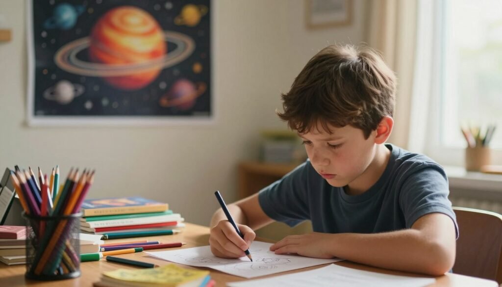 A concerned parent observes their 7-year-old child at a cluttered study desk, displaying signs of waning focus. The foreground features the child, half-heartedly doodling on a sheet of paper while surrounded by school supplies like colored pencils and textbooks. The middle layer includes a vibrant poster of the solar system on the wall, emphasizing the child’s interest, yet contrasting with their apparent distraction. In the background, soft sunlight streams through a window, illuminating the scene, creating a warm and inviting atmosphere. The mood is slightly tense yet hopeful, suggesting the need for understanding and intervention. Use a shallow depth of field to draw attention to the child’s expression, capturing a moment of uncertainty and daydreaming, reflecting the struggle to maintain focus amid distractions. A concerned parent observes their 7-year-old child at a cluttered study desk, displaying signs of waning focus. The foreground features the child, half-heartedly doodling on a sheet of paper while surrounded by school supplies like colored pencils and textbooks. The middle layer includes a vibrant poster of the solar system on the wall, emphasizing the child’s interest, yet contrasting with their apparent distraction. In the background, soft sunlight streams through a window, illuminating the scene, creating a warm and inviting atmosphere. The mood is slightly tense yet hopeful, suggesting the need for understanding and intervention. Use a shallow depth of field to draw attention to the child’s expression, capturing a moment of uncertainty and daydreaming, reflecting the struggle to maintain focus amid distractions.
