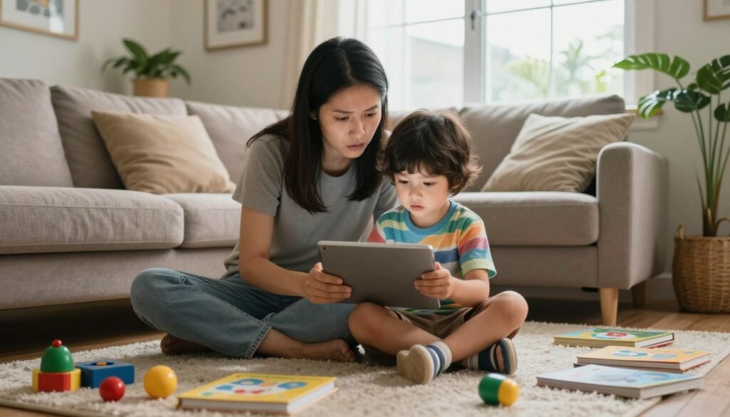 A concerned parent sits next to a young child on a cozy living room sofa, both focused on a tablet. The child, around six years old, is in a colorful t-shirt and shorts, displaying a look of engrossed fascination. Surrounding them are various educational toys and books scattered on a soft rug, indicating a balanced environment. In the background, natural light filters in through a large window, creating a warm and inviting atmosphere. Plants in the corners add a touch of greenery, symbolizing a connection to nature. The atmosphere captures a moment of interaction between technology and childhood, subtly highlighting the benefits and potential distractions of screen time. The image is composed with a soft focus lens, exuding a tender and thoughtful mood.