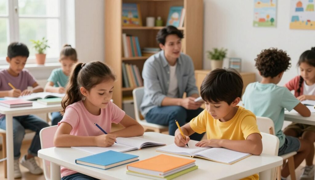 A cozy and inviting study room featuring a diverse group of children engaged in effective study sessions. In the foreground, two young kids, one girl and one boy, are sitting at a small table, surrounded by colorful notebooks, books, and study materials, focusing intently on their homework. They are dressed in bright, casual clothing, radiating enthusiasm. In the middle ground, a parent sits on a comfortable chair, offering guidance and support, with a nurturing expression. The background displays a well-organized bookshelf filled with educational resources and a window letting in natural light, creating a warm and encouraging atmosphere. The overall mood is lively yet focused, reflecting a productive study environment. The lighting is bright and cheerful, reminiscent of a sunny afternoon. A cozy and inviting study room featuring a diverse group of children engaged in effective study sessions. In the foreground, two young kids, one girl and one boy, are sitting at a small table, surrounded by colorful notebooks, books, and study materials, focusing intently on their homework. They are dressed in bright, casual clothing, radiating enthusiasm. In the middle ground, a parent sits on a comfortable chair, offering guidance and support, with a nurturing expression. The background displays a well-organized bookshelf filled with educational resources and a window letting in natural light, creating a warm and encouraging atmosphere. The overall mood is lively yet focused, reflecting a productive study environment. The lighting is bright and cheerful, reminiscent of a sunny afternoon.