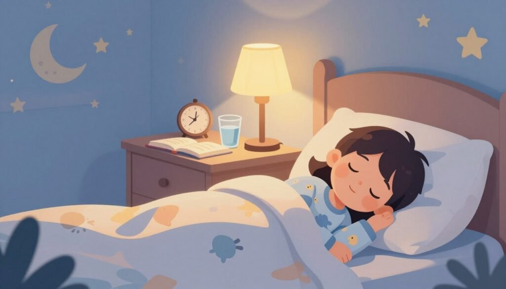 A cozy children's bedroom at dusk, softly lit by a warm bedside lamp casting gentle shadows. In the foreground, a peaceful sleeping child, around five years old, tucked under a fluffy blanket, wearing comfortable pajamas with playful patterns. Their face shows serenity, hinting at deep sleep and restful dreams. In the middle, a nightstand with a storybook, a glass of water, and a small clock displaying a bedtime. In the background, whimsical wall art featuring stars and moons creates a calming atmosphere. The color palette is soothing with pastel blues and yellows, evoking a sense of tranquility. The overall mood reflects the importance of quality sleep for children's well-being, focusing on comfort and serenity. The style is a soft vector illustration, emphasizing a child-friendly aesthetic. A cozy children's bedroom at dusk, softly lit by a warm bedside lamp casting gentle shadows. In the foreground, a peaceful sleeping child, around five years old, tucked under a fluffy blanket, wearing comfortable pajamas with playful patterns. Their face shows serenity, hinting at deep sleep and restful dreams. In the middle, a nightstand with a storybook, a glass of water, and a small clock displaying a bedtime. In the background, whimsical wall art featuring stars and moons creates a calming atmosphere. The color palette is soothing with pastel blues and yellows, evoking a sense of tranquility. The overall mood reflects the importance of quality sleep for children's well-being, focusing on comfort and serenity. The style is a soft vector illustration, emphasizing a child-friendly aesthetic.