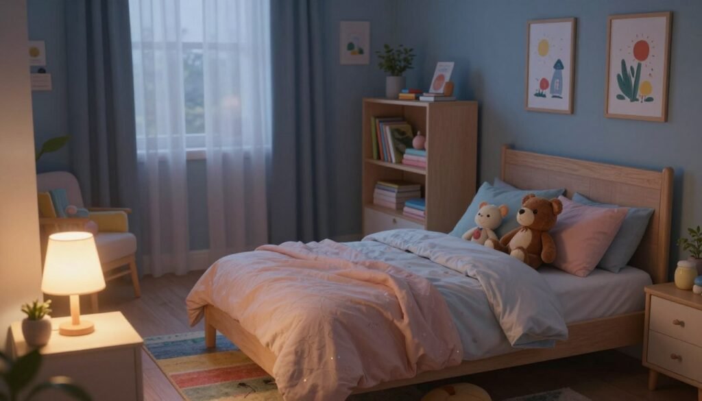 A cozy child's bedroom at dusk, featuring a neatly made bed with soft pastel bedding and plush toys arranged comfortably. In the foreground, a nightstand holds a warm, glowing lamp casting a gentle light that creates a soothing atmosphere. The middle of the room showcases a colorful rug and a bookshelf filled with children's books, inviting exploration and calmness. In the background, soft curtains flutter slightly, allowing a hint of twilight to enter. The walls are painted in calming colors, and framed, inspiring art is hung tastefully. The overall mood is warm, tranquil, and conducive to restful sleep, emphasizing safety and comfort in the optimal sleep environment for children. Capture this scene with soft, diffused lighting, taken from a slightly elevated angle to encompass the full room's atmosphere.