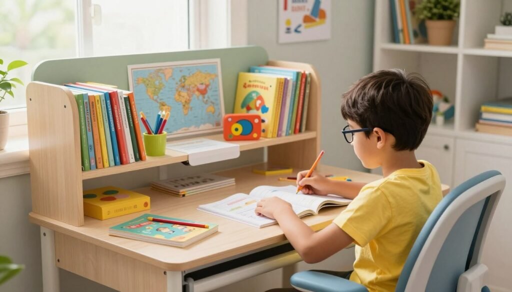 A cozy home study desk designed for a child, featuring a small, colorful workspace filled with open books, stationery, and educational toys. In the foreground, a young child, around 8 years old, sits focused at the desk, wearing a bright, modest t-shirt and glasses, with a look of concentration as they work on their homework. The middle layer shows shelves filled with books and fun, inspiring decorations like a world map and motivational posters. In the background, soft natural light streams through a window, illuminating the space and creating a warm, inviting atmosphere. The angle is slightly elevated, giving a clear view of the desk and the child, conveying a sense of productivity and creativity in a dedicated study environment.