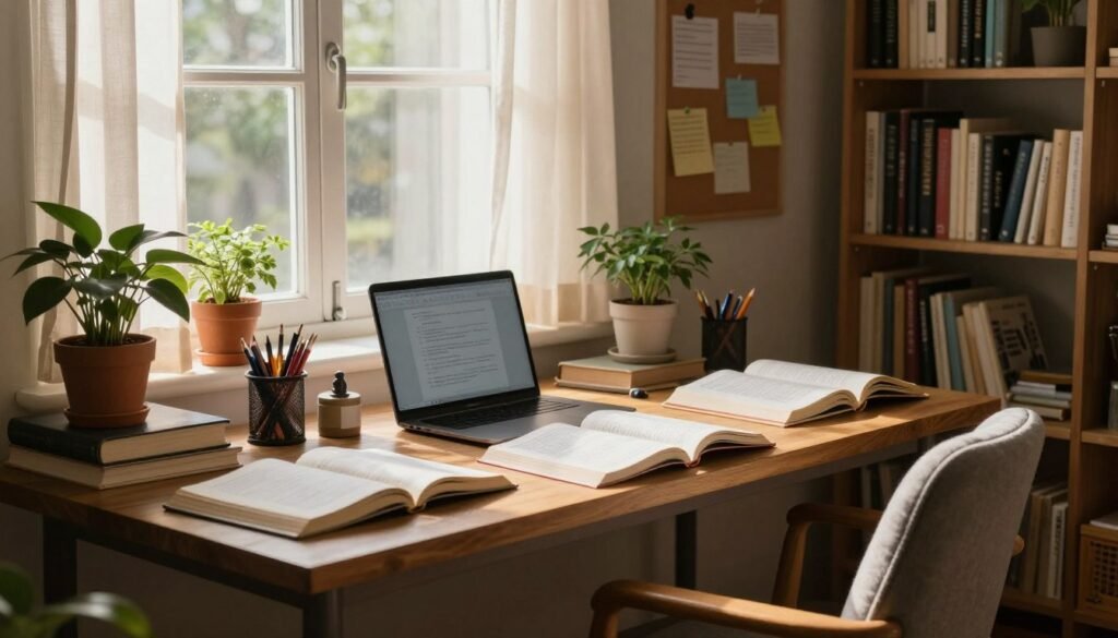A cozy study environment featuring a well-organized desk cluttered with open textbooks, stationery, and a laptop, situated in a warmly lit room. In the foreground, a comfortable chair with a soft cushion invites focus and productivity. The middle layer showcases a large window with light filtering through sheer curtains, casting gentle shadows. Potted plants add a touch of greenery, while a corkboard filled with notes and reminders hangs on the wall behind the desk. In the background, a bookshelf overflowing with books stands, creating a sense of knowledge and inspiration. The atmosphere is calm and inviting, fostering a sense of concentration and peaceful study, illuminated with warm light to enhance focus and clarity. A cozy study environment featuring a well-organized desk cluttered with open textbooks, stationery, and a laptop, situated in a warmly lit room. In the foreground, a comfortable chair with a soft cushion invites focus and productivity. The middle layer showcases a large window with light filtering through sheer curtains, casting gentle shadows. Potted plants add a touch of greenery, while a corkboard filled with notes and reminders hangs on the wall behind the desk. In the background, a bookshelf overflowing with books stands, creating a sense of knowledge and inspiration. The atmosphere is calm and inviting, fostering a sense of concentration and peaceful study, illuminated with warm light to enhance focus and clarity.