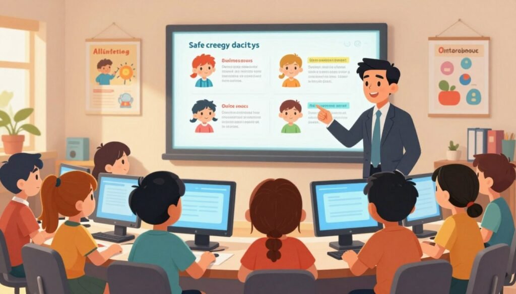A digital illustration depicting a colorful, engaging online safety lesson for children. In the foreground, a diverse group of kids aged 8-12, sitting around a computer, attentively listening to a friendly adult in professional business attire who is explaining how to recognize online predators. The middle ground features a large screen displaying child-friendly illustrations of safe online practices, like recognizing suspicious messages. In the background, a cozy, well-lit room filled with educational posters about internet safety, with warm lighting casting a nurturing atmosphere. The image conveys a sense of safety and engagement, highlighting the importance of online awareness while fostering an educational and inviting environment. A digital illustration depicting a colorful, engaging online safety lesson for children. In the foreground, a diverse group of kids aged 8-12, sitting around a computer, attentively listening to a friendly adult in professional business attire who is explaining how to recognize online predators. The middle ground features a large screen displaying child-friendly illustrations of safe online practices, like recognizing suspicious messages. In the background, a cozy, well-lit room filled with educational posters about internet safety, with warm lighting casting a nurturing atmosphere. The image conveys a sense of safety and engagement, highlighting the importance of online awareness while fostering an educational and inviting environment.