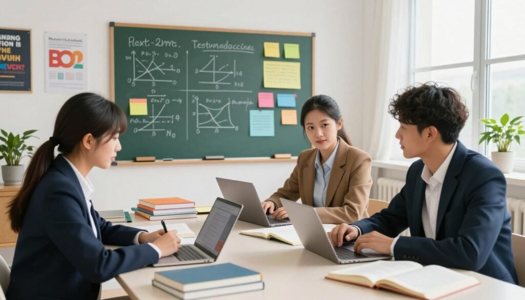 A focused study environment depicting effective learning techniques for various subjects. In the foreground, a diverse group of three students, dressed in professional attire, are engaged in collaborative study around a large table filled with textbooks, notebooks, and digital devices. In the middle, a chalkboard with organized notes and diagrams represents different subjects like math, science, and literature, showcasing a variety of colorful study materials. The background features bright natural lighting streaming in through windows, creating a warm and inviting atmosphere. The room is decorated with motivational posters and plants, enhancing the mood of productivity and inspiration. The angle is slightly above eye level, capturing the dynamic interaction among the students as they share ideas and resources. A focused study environment depicting effective learning techniques for various subjects. In the foreground, a diverse group of three students, dressed in professional attire, are engaged in collaborative study around a large table filled with textbooks, notebooks, and digital devices. In the middle, a chalkboard with organized notes and diagrams represents different subjects like math, science, and literature, showcasing a variety of colorful study materials. The background features bright natural lighting streaming in through windows, creating a warm and inviting atmosphere. The room is decorated with motivational posters and plants, enhancing the mood of productivity and inspiration. The angle is slightly above eye level, capturing the dynamic interaction among the students as they share ideas and resources.