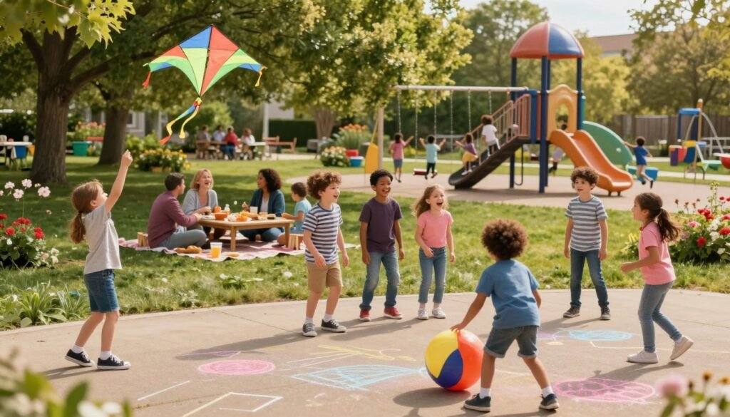 A lively scene depicting children aged 6-10 joyfully playing together in a vibrant outdoor community group setting. In the foreground, a diverse group of children are engaged in various activities: one is flying a colorful kite, another is drawing with chalk on the pavement, and a few are playing a cooperative game with a large ball. The middle ground showcases a picnic area with families enjoying snacks, laughter, and conversation, surrounded by lush green trees and blooming flowers. In the background, a playground structure is visible, and children are climbing and swinging. The scene is bathed in warm, soft sunlight, creating a cheerful and inviting atmosphere. The image is captured from a slightly elevated angle to encompass the joyful energy of the play environment.