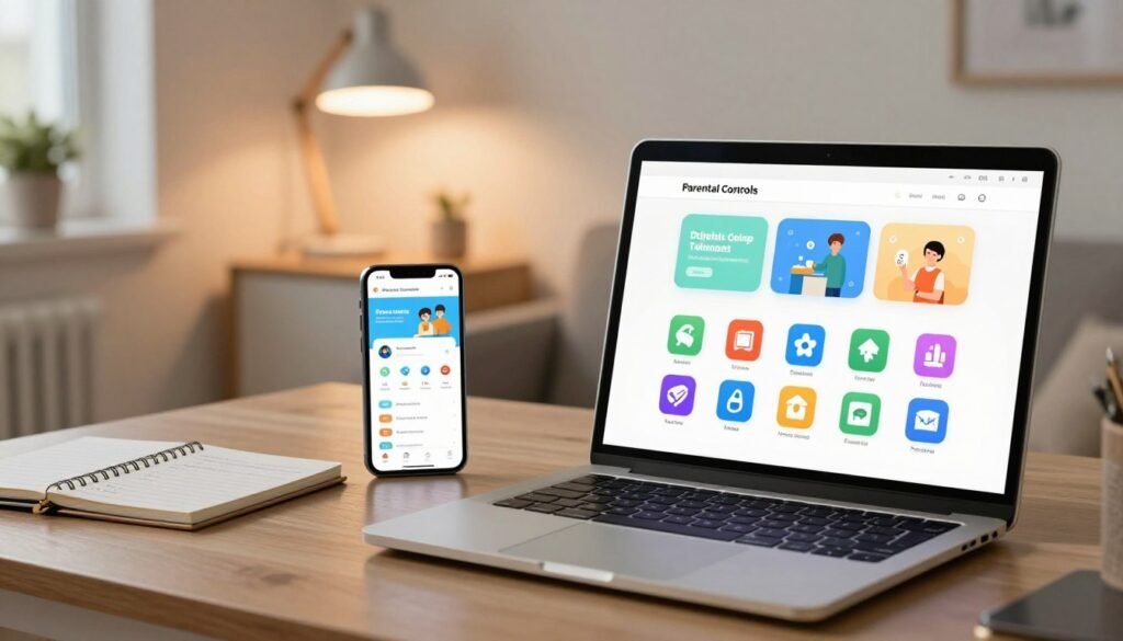 A modern workspace that showcases various parental control tools and apps for maintaining digital balance. In the foreground, a sleek laptop displays an intuitive parental control interface, surrounded by colorful, user-friendly app icons. The middle ground features a smartphone with similar apps, alongside a notepad filled with notes on digital strategies. In the background, a cozy, well-lit room with soft ambient lighting creates a warm atmosphere, evoking a sense of safety and comfort. A stylish desk lamp emits gentle illumination, highlighting the importance of technology in parenting. The mood is focused yet relaxed, emphasizing the balance between monitoring and trust in a child's digital life.