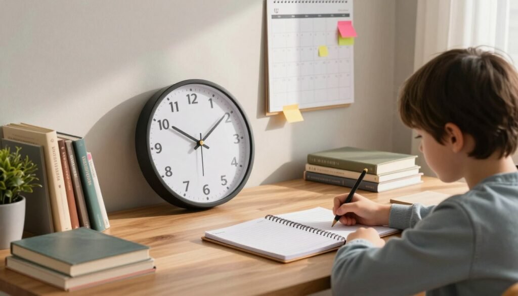 A serene and organized study space featuring a wooden desk with a stylish planner, a large clock prominently displayed, and neatly arranged books. In the foreground, a thoughtful child, dressed in casual clothes, is writing in the planner, focusing intently. In the middle ground, a wall-mounted calendar highlights important study dates, with colorful sticky notes adding a touch of vibrancy. The background showcases a tranquil room with soft, warm lighting streaming in through a window, creating a cozy atmosphere. The mood is calm and productive, emphasizing the importance of time management in fostering effective study habits for children. The image captures the essence of a balanced approach to studying without distractions or clutter.