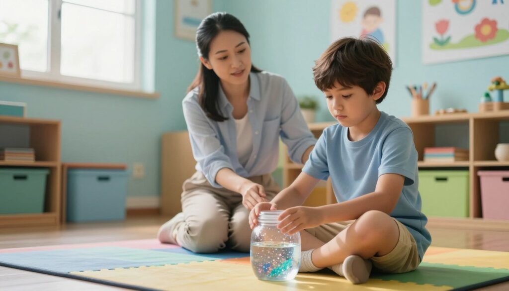 A serene classroom scene depicting a young child sitting cross-legged on a colorful mat, practicing self-regulation techniques. In the foreground, the child, a boy around 8 years old with short brown hair, is using a mindfulness jar filled with glitter and water to channel his emotions. His expression is focused and calm. In the middle background, a teacher, a woman of Asian descent, is gently encouraging the child, demonstrating a supportive posture. Soft, warm lighting streams in through a window, creating a welcoming atmosphere. The room is decorated with calming colors, including light blues and greens, with inspirational posters on the walls. The angle captures both the child’s engagement and the teacher’s nurturing presence, conveying a mood of tranquility and focus, perfect for illustrating emotional regulation skills.