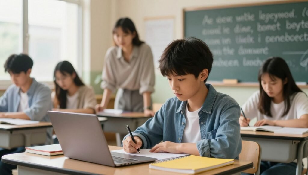 A serene classroom setting embodies the theme of overcoming emotional dysregulation. In the foreground, a focused young student with an expression of determination sits at a desk, working on a project, wearing smart casual attire. Their materials, like colorful notebooks and a laptop, reflect organization and creativity. In the middle ground, supportive peers engage in collaborative activities, showing teamwork and encouragement. The background features a chalkboard displaying motivational quotes, with sunlight streaming through large windows, creating a warm and uplifting atmosphere. The lighting highlights the resilience and positive emotions in this environment. Use a shallow depth of field to emphasize the student in focus, with a soft blur on the background, creating a sense of clarity amidst challenges. A serene classroom setting embodies the theme of overcoming emotional dysregulation. In the foreground, a focused young student with an expression of determination sits at a desk, working on a project, wearing smart casual attire. Their materials, like colorful notebooks and a laptop, reflect organization and creativity. In the middle ground, supportive peers engage in collaborative activities, showing teamwork and encouragement. The background features a chalkboard displaying motivational quotes, with sunlight streaming through large windows, creating a warm and uplifting atmosphere. The lighting highlights the resilience and positive emotions in this environment. Use a shallow depth of field to emphasize the student in focus, with a soft blur on the background, creating a sense of clarity amidst challenges.