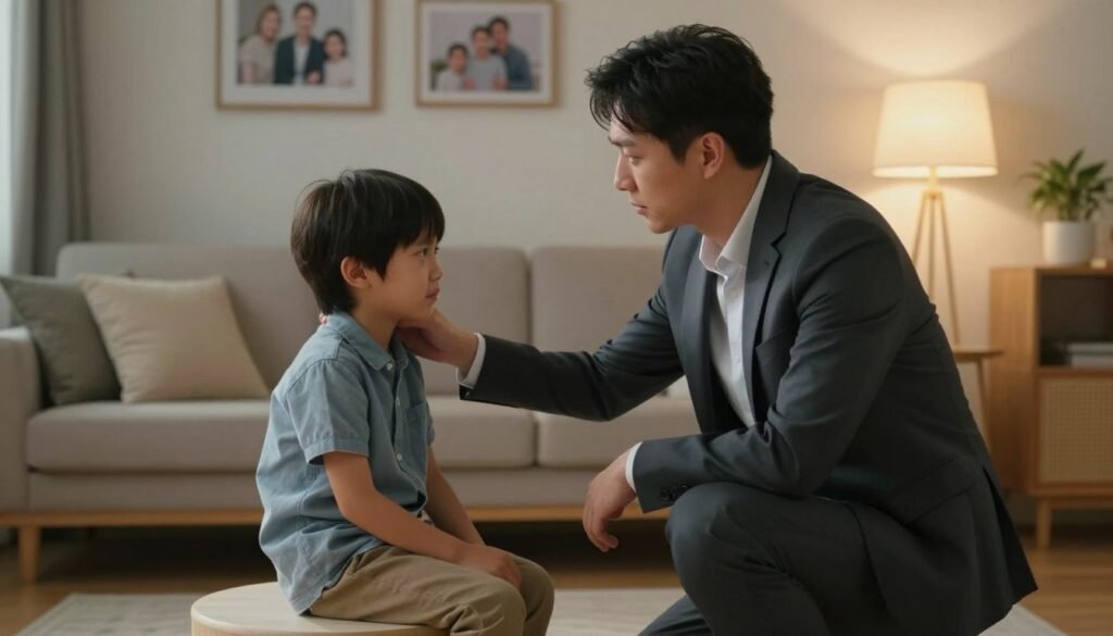 A serene indoor setting depicting a parent and child in a calm moment of emotional connection, illustrating the theme of managing resistance during emotional outbursts. In the foreground, the parent, dressed in professional business attire, gently kneels to the child's eye level, showing compassion. The child, wearing modest casual clothing, displays a mix of frustration and vulnerability. In the middle ground, a cozy living room with soft lighting creates an inviting atmosphere, with warm tones from a nearby lamp adding to the tranquility. The background features family photos and nurturing decor, emphasizing the emotional bond. The overall mood is one of understanding and patience, capturing a moment of connection amidst a challenge, with a focus on emotional regulation and support. A serene indoor setting depicting a parent and child in a calm moment of emotional connection, illustrating the theme of managing resistance during emotional outbursts. In the foreground, the parent, dressed in professional business attire, gently kneels to the child's eye level, showing compassion. The child, wearing modest casual clothing, displays a mix of frustration and vulnerability. In the middle ground, a cozy living room with soft lighting creates an inviting atmosphere, with warm tones from a nearby lamp adding to the tranquility. The background features family photos and nurturing decor, emphasizing the emotional bond. The overall mood is one of understanding and patience, capturing a moment of connection amidst a challenge, with a focus on emotional regulation and support.