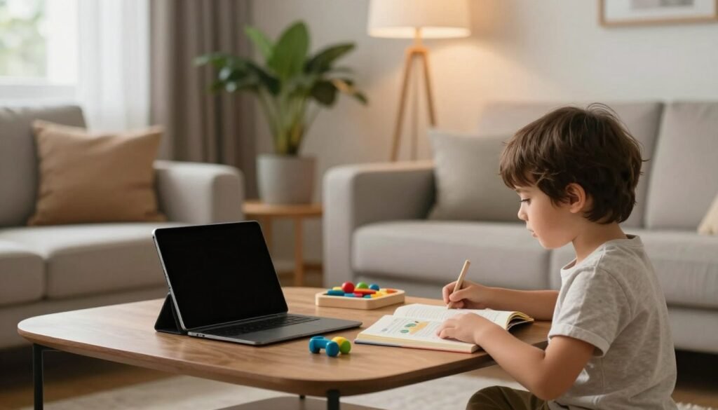 A serene living room setting with a modern, cozy design, showcasing a balanced approach to screen time for children. In the foreground, a child engaged in a structured activity, like reading a book or playing with educational toys, dressed in casual, modest clothing. In the middle, a digital device like a tablet or laptop is placed on a coffee table, turned off, symbolizing a break from screen time. The background features a soft, warm light filtering through a window, creating an inviting atmosphere with potted plants and calming decor. The scene should convey a sense of balance and tranquility, emphasizing healthy digital habits and management of screen time.