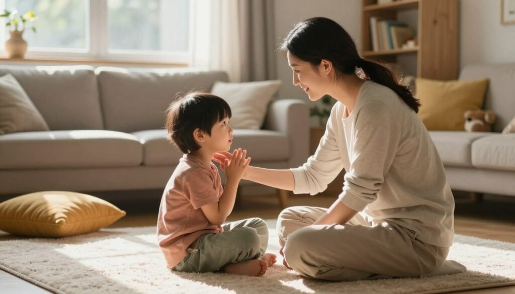 A serene scene depicting a supportive parent and a child engaged in a calming emotional exercise. In the foreground, the parent, dressed in modest casual attire, kneels while gently guiding the child, who appears to be around five years old, encouraging them to express their feelings. The middle ground showcases a softly lit living room environment with a plush rug and colorful cushions, creating a cozy atmosphere. Sunlight filters through a window, casting warm tones and soft shadows across the space. In the background, shelves with books and toys hint at an inviting, nurturing home. The mood is peaceful and uplifting, emphasizing the importance of positive reinforcement and emotional awareness in parenting. A serene scene depicting a supportive parent and a child engaged in a calming emotional exercise. In the foreground, the parent, dressed in modest casual attire, kneels while gently guiding the child, who appears to be around five years old, encouraging them to express their feelings. The middle ground showcases a softly lit living room environment with a plush rug and colorful cushions, creating a cozy atmosphere. Sunlight filters through a window, casting warm tones and soft shadows across the space. In the background, shelves with books and toys hint at an inviting, nurturing home. The mood is peaceful and uplifting, emphasizing the importance of positive reinforcement and emotional awareness in parenting.