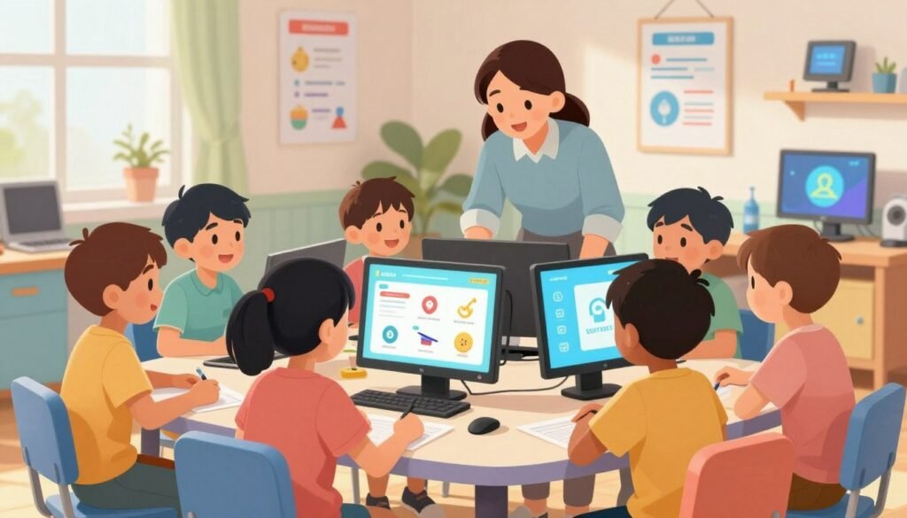 A vibrant and engaging scene depicting children participating in interactive online safety activities. In the foreground, a diverse group of kids, aged 8-10, are sitting around a colorful table, enthusiastically engaging with a computer and educational materials. They are dressed in casual, modest clothing, reflecting a sense of fun and focus. In the middle ground, a caring adult supervises, guiding the children while demonstrating safe internet practices, emphasizing a supportive and attentive environment. The background features a bright, cheerful room adorned with posters of safety guidelines and technological devices, fostering a sense of learning. Soft, natural lighting enhances the friendly atmosphere, with a slight depth of field to draw attention to the children and their activities. The overall mood conveys excitement and curiosity about online safety. A vibrant and engaging scene depicting children participating in interactive online safety activities. In the foreground, a diverse group of kids, aged 8-10, are sitting around a colorful table, enthusiastically engaging with a computer and educational materials. They are dressed in casual, modest clothing, reflecting a sense of fun and focus. In the middle ground, a caring adult supervises, guiding the children while demonstrating safe internet practices, emphasizing a supportive and attentive environment. The background features a bright, cheerful room adorned with posters of safety guidelines and technological devices, fostering a sense of learning. Soft, natural lighting enhances the friendly atmosphere, with a slight depth of field to draw attention to the children and their activities. The overall mood conveys excitement and curiosity about online safety.