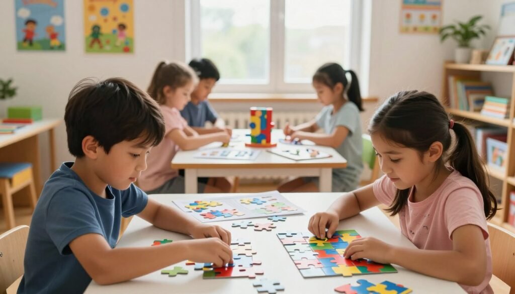 A vibrant and engaging scene of children participating in puzzle and problem-solving activities indoors. In the foreground, there are two kids, a boy and a girl, deeply focused on assembling a colorful jigsaw puzzle, with pieces scattered around them. The middle layer features a table with various brain teaser games and activity sheets showcasing a few completed puzzles. In the background, soft natural light streams in through a large window, illuminating the room decorated with educational posters and shelves filled with books and games. The atmosphere is cheerful and collaborative, conveying a sense of concentration and teamwork as the children learn and solve together. Capture this moment with a slightly warm color palette to enhance the inviting mood. A vibrant and engaging scene of children participating in puzzle and problem-solving activities indoors. In the foreground, there are two kids, a boy and a girl, deeply focused on assembling a colorful jigsaw puzzle, with pieces scattered around them. The middle layer features a table with various brain teaser games and activity sheets showcasing a few completed puzzles. In the background, soft natural light streams in through a large window, illuminating the room decorated with educational posters and shelves filled with books and games. The atmosphere is cheerful and collaborative, conveying a sense of concentration and teamwork as the children learn and solve together. Capture this moment with a slightly warm color palette to enhance the inviting mood.