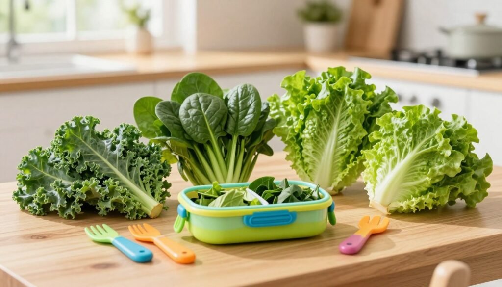 A vibrant display of fresh leafy greens, including kale, spinach, and romaine lettuce, arranged in a playful, child-friendly manner on a wooden table. In the foreground, a small, colorful lunchbox filled with leafy greens is surrounded by cheerful children's utensils. In the middle background, a bright, sunlit kitchen setting enhances the overall atmosphere, with soft natural light filtering through a window, casting gentle shadows. The scene conveys a sense of health, vitality, and excitement around nutritious eating for kids. The focus should be clear and crisp, capturing the textures of the greens, emphasizing their freshness and bright green colors, while the background remains slightly blurred to draw attention to the subject matter.