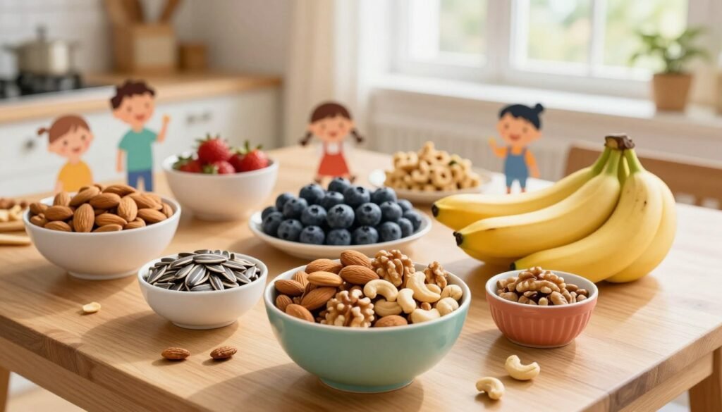 A vibrant, engaging kitchen scene featuring a wooden table laden with an array of brain-boosting foods for kids. In the foreground, a colorful bowl overflowing with assorted nuts like almonds, walnuts, and cashews, alongside a small dish of sunflower seeds. In the middle, fresh fruits like blueberries and bananas are artfully arranged, symbolizing healthy snacking. The background showcases a sunlit window with soft, natural light illuminating the space, creating a warm and inviting atmosphere. A playful, whimsical vibe is enhanced by a few colorful cartoonish illustrations of kids happily enjoying these nutritious snacks. Capture this scene with a slightly overhead angle to emphasize the abundance of healthy options, ensuring a clean, clutter-free background that focuses on the foods.