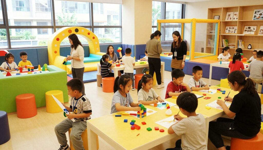 A vibrant indoor entertainment and learning center for kids, featuring a spacious play area filled with colorful soft play structures, interactive science exhibits, and art stations. In the foreground, diverse children aged 4-10 engage in various fun activities—building blocks, painting, and exploring educational games. The middle section showcases cheerful staff assisting youngsters, dressed in casual, modest clothing. The background reveals large windows allowing natural light to flood in, illuminating the space with a warm and inviting glow. The atmosphere is lively and energetic, with laughter and creativity in the air, capturing the essence of indoor fun and learning in a city setting. Use a slightly elevated angle to encompass the bustling environment and unique features of the center.
