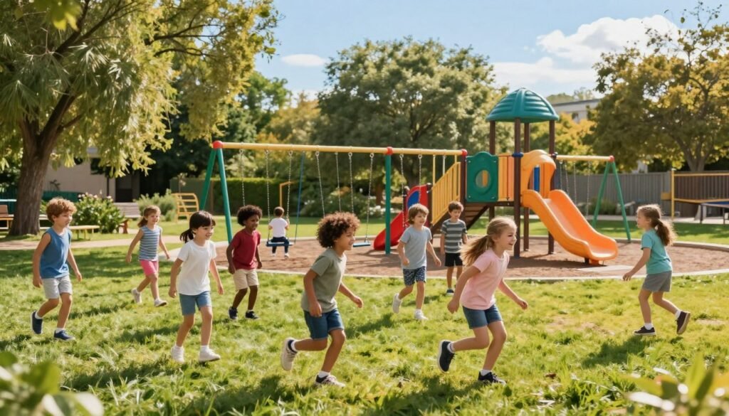 A vibrant outdoor playground scene filled with children joyfully engaged in play. In the foreground, a diverse group of children, wearing comfortable and modest casual clothing, play tag and chase each other with bright smiles. The middle ground features swings, slides, and climbing structures, surrounded by lush green grass. In the background, tall trees with sun-dappled leaves sway gently in the breeze under a clear blue sky, with soft, golden sunlight filtering through. The mood is energetic and uplifting, capturing the essence of play and movement. The image should be taken from a slightly elevated angle to encompass the bustling activity and the inviting natural environment, highlighting the importance of outdoor play in fostering focus and concentration in kids. A vibrant outdoor playground scene filled with children joyfully engaged in play. In the foreground, a diverse group of children, wearing comfortable and modest casual clothing, play tag and chase each other with bright smiles. The middle ground features swings, slides, and climbing structures, surrounded by lush green grass. In the background, tall trees with sun-dappled leaves sway gently in the breeze under a clear blue sky, with soft, golden sunlight filtering through. The mood is energetic and uplifting, capturing the essence of play and movement. The image should be taken from a slightly elevated angle to encompass the bustling activity and the inviting natural environment, highlighting the importance of outdoor play in fostering focus and concentration in kids.