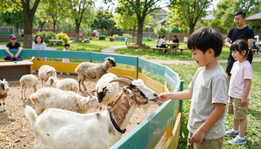 A vibrant outdoor scene showcasing a local child-friendly animal encounter. In the foreground, a joyful child, dressed in casual, modest clothing, is gently feeding a friendly goat, while another child watches in delight. In the middle ground, a colorful petting zoo area is filled with various domestic animals like sheep and rabbits, surrounded by a lush, green landscape. Soft sunlight filters through the trees, creating a warm, inviting atmosphere. In the background, parents observe from picnic tables, ensuring safety while enjoying the experience. The scene is illuminated with natural daylight, emphasizing the cheerful, lively interactions between the children and animals. The overall mood is cheerful and playful, highlighting wildlife experiences that foster a love for animals.