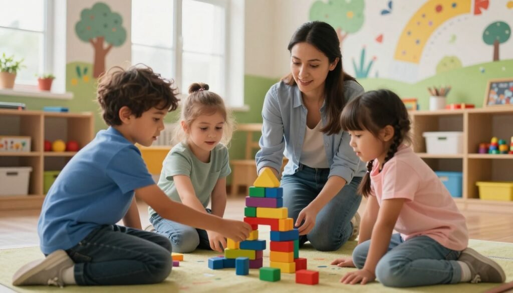 A vibrant preschool classroom filled with children engaged in playful learning activities. In the foreground, a diverse group of four children—two boys and two girls—are collaboratively building a colorful block structure, their faces lit up with awe and curiosity. In the middle, a teacher, wearing casual yet professional attire, is kneeling beside them, encouraging exploration and discovery. The background reveals bright murals on the walls, depicting nature and abstract shapes, alongside various educational toys and materials scattered around. Soft, natural light filters through large windows, creating a warm and inviting atmosphere. The camera angle captures the scene from a low perspective, emphasizing the children's joyful expressions and the interactive environment of the preschool setting, fostering creativity and teamwork.