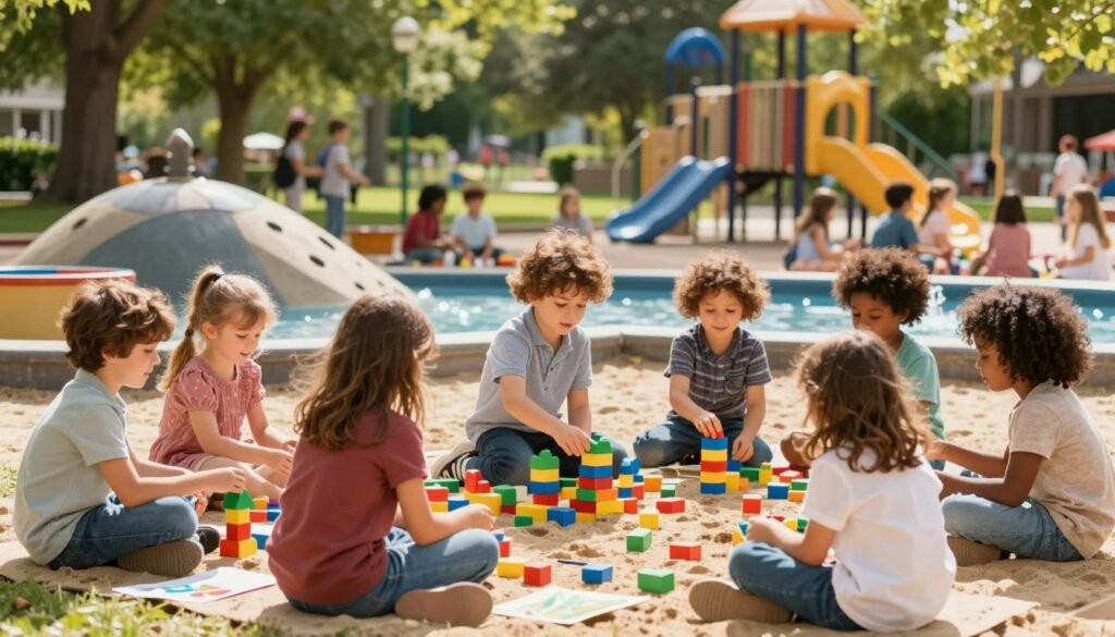 A vibrant scene depicting the key characteristics of effective play experiences. In the foreground, a diverse group of children, aged 4-7, joyfully engaged in imaginative play with colorful building blocks and art supplies, showcasing creativity and exploration, dressed in casual but neat clothing. In the middle ground, nature-inspired play areas with elements like sand, water, and climbing structures, encouraging sensory experiences and physical activity. The background features a bright sunny park with lush trees and a playground, inviting social interaction. Use warm, natural lighting to create an inviting atmosphere, with a slight focus on the children's playful expressions. The mood is lively and inspiring, reflecting the joy of learning through play.