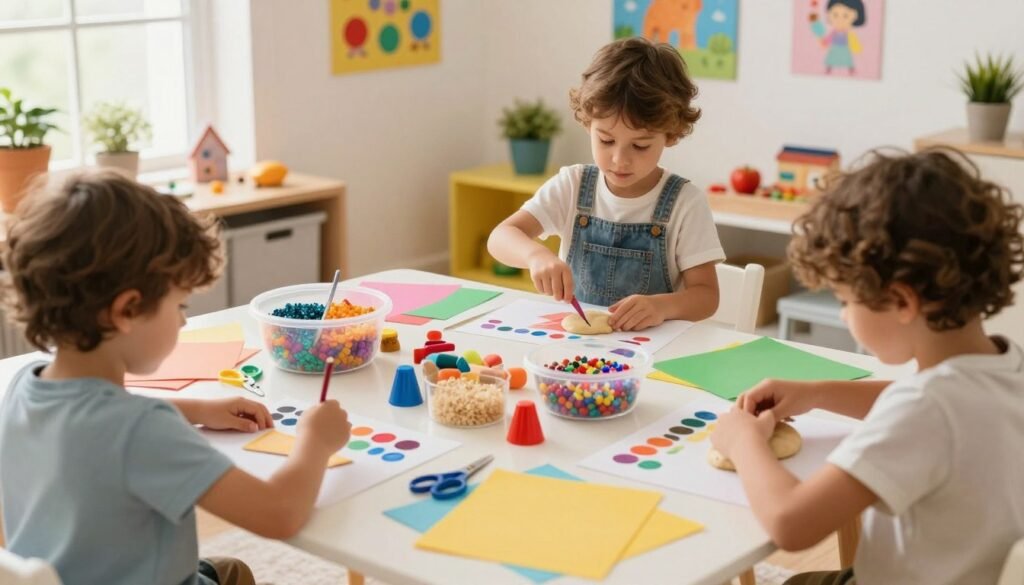 A vibrant scene showcasing a bright, cozy playroom filled with various DIY craft and sensory play activities for children. In the foreground, two young children, dressed in modest casual clothing, are engaged in creative activities: one is painting with colorful watercolors, while the other is kneading soft dough. The middle ground features a table overflowing with craft supplies—glitter, scissors, colored paper, and sensory bins filled with rice and beads. The background includes colorful wall art and a window letting in warm, natural light, creating a cheerful and inviting atmosphere. The overall mood is playful and engaging, encouraging curiosity and creativity in a safe environment.