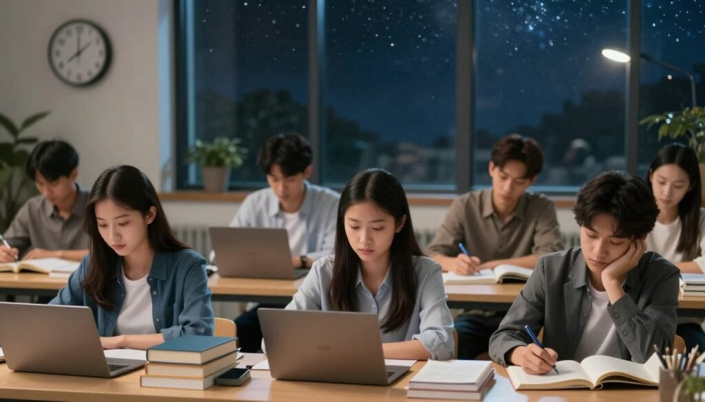 A visually engaging scene depicting the correlation between sleep duration and academic achievement. In the foreground, a diverse group of students engaged in study sessions, showcasing enthusiasm and focus, dressed in professional business attire or modest casual clothing. In the middle ground, a table filled with books, laptops, and a wall clock indicating late-night hours. In the background, a large window revealing a starry night sky, symbolizing late bedtimes, with a faint glow from a streetlamp enhancing the ambiance. Employ soft, warm lighting to create an inviting atmosphere, with a slight depth of field effect to draw attention to the students while softly blurring the background, emphasizing their dedication to academic excellence. A visually engaging scene depicting the correlation between sleep duration and academic achievement. In the foreground, a diverse group of students engaged in study sessions, showcasing enthusiasm and focus, dressed in professional business attire or modest casual clothing. In the middle ground, a table filled with books, laptops, and a wall clock indicating late-night hours. In the background, a large window revealing a starry night sky, symbolizing late bedtimes, with a faint glow from a streetlamp enhancing the ambiance. Employ soft, warm lighting to create an inviting atmosphere, with a slight depth of field effect to draw attention to the students while softly blurring the background, emphasizing their dedication to academic excellence.