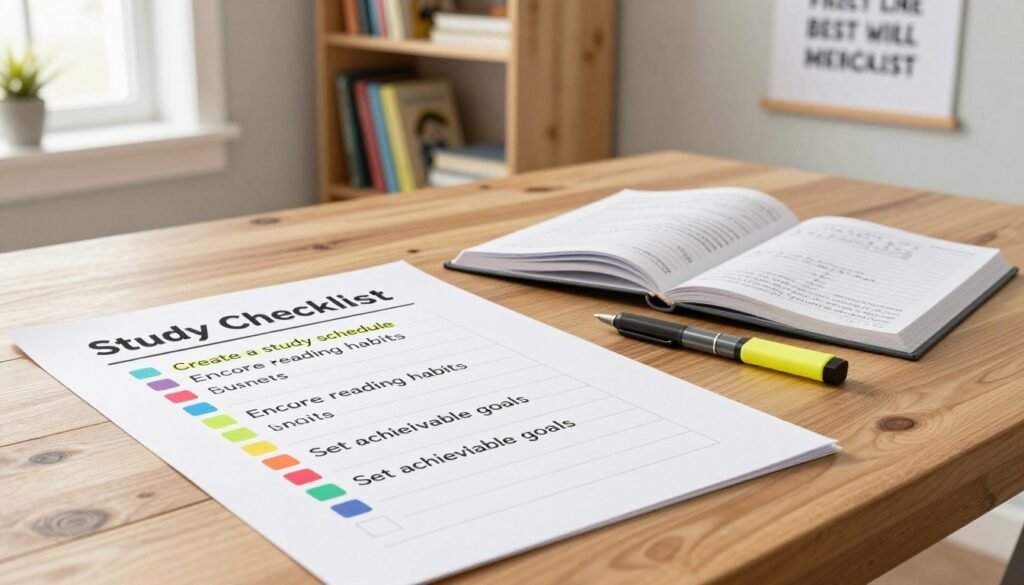 A visually engaging study skills checklist for parents, thoughtfully laid out on a wooden desk in a well-lit home study environment. In the foreground, a colorful checklist with bullet points highlighting key study skills, such as "Create a study schedule," "Encourage reading habits," and "Set achievable goals." In the middle, an open textbook lies beside a notebook filled with handwritten notes, accompanied by stationery items like pens and highlighters. In the background, a cozy bookshelf filled with educational books and a motivational poster on the wall. The scene is illuminated by warm, natural light streaming through a window, creating a calm and supportive atmosphere for learning. The overall mood is inviting and encouraging, ideal for parents looking to foster effective study habits in their children. A visually engaging study skills checklist for parents, thoughtfully laid out on a wooden desk in a well-lit home study environment. In the foreground, a colorful checklist with bullet points highlighting key study skills, such as "Create a study schedule," "Encourage reading habits," and "Set achievable goals." In the middle, an open textbook lies beside a notebook filled with handwritten notes, accompanied by stationery items like pens and highlighters. In the background, a cozy bookshelf filled with educational books and a motivational poster on the wall. The scene is illuminated by warm, natural light streaming through a window, creating a calm and supportive atmosphere for learning. The overall mood is inviting and encouraging, ideal for parents looking to foster effective study habits in their children.