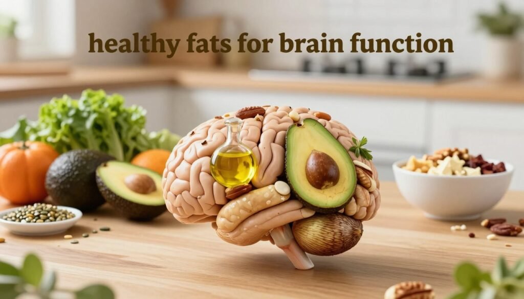 A visually striking image illustrating the concept of "healthy fats for brain function." In the foreground, an intricately detailed human brain is composed of various healthy food items like avocados, nuts, and olive oil, symbolizing the nutrients fueling its power. In the middle ground, vibrant colors of fruits, seeds, and leafy greens blend with soft, warm lighting to create an inviting atmosphere, emphasizing the theme of nourishment. In the background, a serene kitchen setting is softly lit, featuring a wooden table with a simple bowl of mixed healthy fats, hinting at a lifestyle focused on wellness. The overall mood is uplifting and vibrant, inspiring a sense of health and vitality, captured with a shallow depth of field to draw focus on the brain and the nourishing foods surrounding it. A visually striking image illustrating the concept of "healthy fats for brain function." In the foreground, an intricately detailed human brain is composed of various healthy food items like avocados, nuts, and olive oil, symbolizing the nutrients fueling its power. In the middle ground, vibrant colors of fruits, seeds, and leafy greens blend with soft, warm lighting to create an inviting atmosphere, emphasizing the theme of nourishment. In the background, a serene kitchen setting is softly lit, featuring a wooden table with a simple bowl of mixed healthy fats, hinting at a lifestyle focused on wellness. The overall mood is uplifting and vibrant, inspiring a sense of health and vitality, captured with a shallow depth of field to draw focus on the brain and the nourishing foods surrounding it.