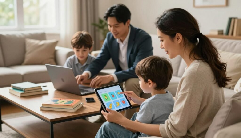A warm and inviting family scene in a cozy living room, where parents are actively demonstrating healthy digital habits to their children. In the foreground, a mother, wearing modest casual clothing, is seated with a tablet, showing her child how to use educational apps responsibly. The father, dressed in professional business attire, is helping another child with a coding game on a laptop beside them. In the middle ground, a coffee table is adorned with books and a few gadgets, symbolizing a balanced approach to technology. The background features a soft-lit window, letting in natural sunlight, highlighting a sense of harmony and connection. The atmosphere is nurturing and engaging, emphasizing the importance of parental role modeling in fostering a healthy digital balance for kids.