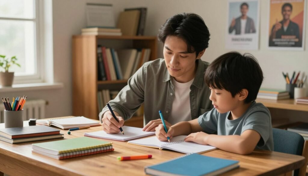 A warm, inviting study space showcasing a parent and child collaborating on study habits. In the foreground, a wooden desk cluttered with colorful notebooks and educational tools, symbolizing organization. The middle ground features a focused parent, dressed in casual professional attire, guiding their child, who is attentively taking notes. Natural light streams in from a nearby window, illuminating the scene with a soft glow, creating a cozy atmosphere. In the background, shelves lined with books and motivational posters on the walls emphasize a positive learning environment. The overall mood is supportive and encouraging, highlighting the importance of building better study habits together. A warm, inviting study space showcasing a parent and child collaborating on study habits. In the foreground, a wooden desk cluttered with colorful notebooks and educational tools, symbolizing organization. The middle ground features a focused parent, dressed in casual professional attire, guiding their child, who is attentively taking notes. Natural light streams in from a nearby window, illuminating the scene with a soft glow, creating a cozy atmosphere. In the background, shelves lined with books and motivational posters on the walls emphasize a positive learning environment. The overall mood is supportive and encouraging, highlighting the importance of building better study habits together.