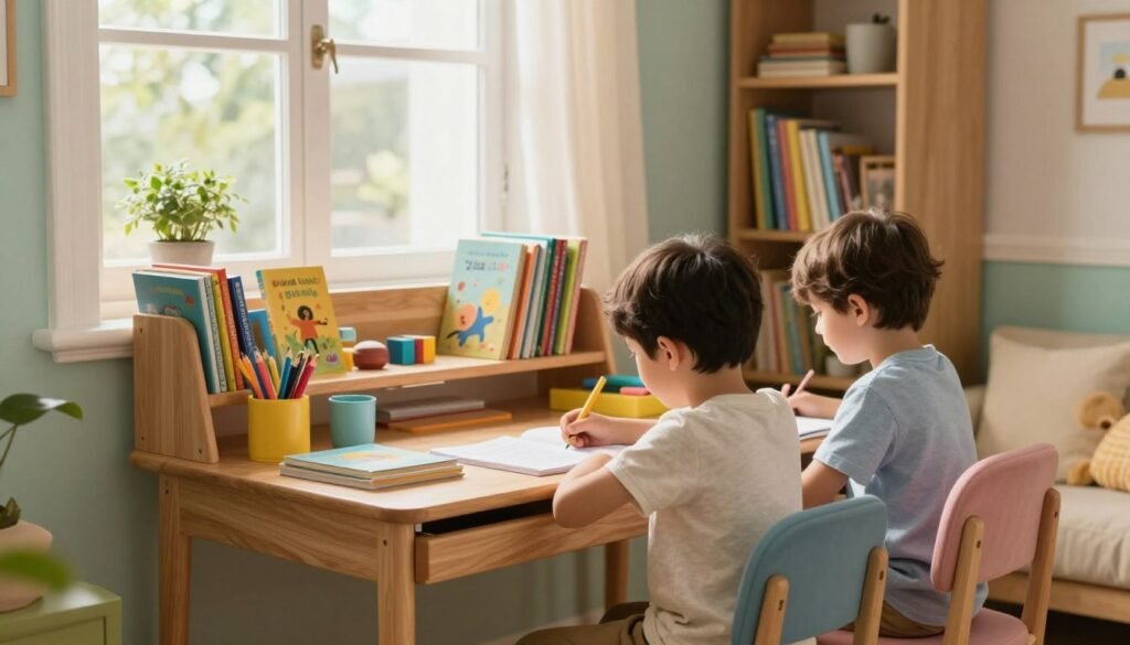 Cozy children's study space with desk, supplies, bookshelf, and natural light Cozy children's study space with desk, supplies, bookshelf, and natural light