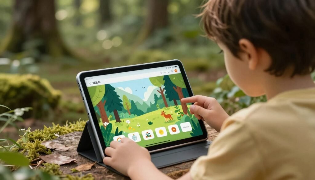 Generate an image of a child using a tablet with the Forest app open.