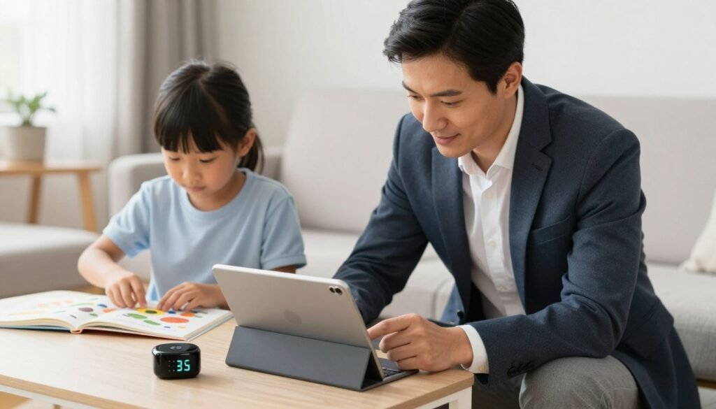 Generate an image of a parent setting a timer on a tablet to limit screen time for a child. Generate an image of a parent setting a timer on a tablet to limit screen time for a child.