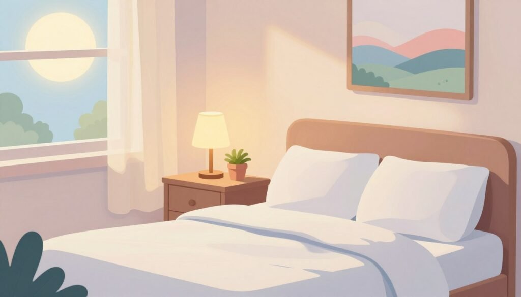 a cozy, sleep-friendly environment featuring a softly lit bedroom with pastel colors. In the foreground, a neatly made bed with fluffy pillows and a light, breathable duvet suggests comfort. In the middle, a nightstand holds a gentle lamp casting warm light, alongside a small potted plant for a touch of greenery. Soft curtains filter in moonlight, creating a serene atmosphere. In the background, a calming wall art depicting soothing landscapes adds to the tranquility. The overall mood is peaceful and inviting, emphasizing relaxation. The image should be in a vector style, with clean lines and a cheerful color palette, ensuring a child-friendly and calming vibe, perfect for illustrating the importance of a good sleep environment. a cozy, sleep-friendly environment featuring a softly lit bedroom with pastel colors. In the foreground, a neatly made bed with fluffy pillows and a light, breathable duvet suggests comfort. In the middle, a nightstand holds a gentle lamp casting warm light, alongside a small potted plant for a touch of greenery. Soft curtains filter in moonlight, creating a serene atmosphere. In the background, a calming wall art depicting soothing landscapes adds to the tranquility. The overall mood is peaceful and inviting, emphasizing relaxation. The image should be in a vector style, with clean lines and a cheerful color palette, ensuring a child-friendly and calming vibe, perfect for illustrating the importance of a good sleep environment.