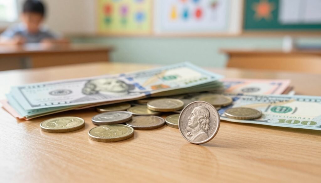 A close-up of a wooden table scattered with various denominations of cash and coins, symbolizing money as a motivational tool for kids. In the foreground, a shiny quarter reflects soft light, enhancing the texture of the coins. The middle ground shows neatly stacked bills in vibrant colors, illuminated by warm, natural light to create an inviting atmosphere. In the background, a blurred classroom scene with bright educational posters subtly indicates a learning environment where motivation thrives. The overall mood is positive and encouraging, evoking a sense of opportunity and hope. The image is well-lit, capturing the details of the currency crisply, as if taken with a macro lens to emphasize the significance of money as a motivational element.