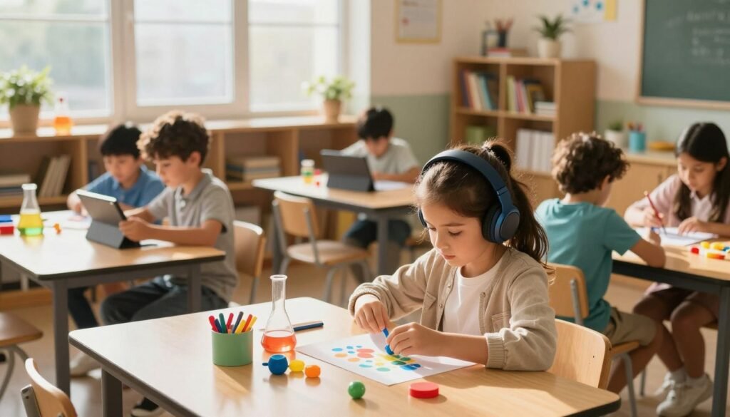 A cozy, inviting classroom setting showcasing diverse learning styles. In the foreground, a young girl, wearing modest casual clothing, is engaged in a hands-on science experiment with colorful materials spread around her. The middle ground features a boy with headphones, focused on a tablet, illustrating auditory learning. Nearby, a group of children collaborate on a colorful art project, representing kinesthetic learning. In the background, a large window lets in warm, natural light, creating a cheerful atmosphere filled with soft shadows. Shelves adorned with books and educational tools create a rich, engaging environment. The overall mood is creative and inspiring, aiming to capture the joy of learning through various styles. The perspective is open and inviting, allowing viewers to feel a sense of inclusion and excitement about education. A cozy, inviting classroom setting showcasing diverse learning styles. In the foreground, a young girl, wearing modest casual clothing, is engaged in a hands-on science experiment with colorful materials spread around her. The middle ground features a boy with headphones, focused on a tablet, illustrating auditory learning. Nearby, a group of children collaborate on a colorful art project, representing kinesthetic learning. In the background, a large window lets in warm, natural light, creating a cheerful atmosphere filled with soft shadows. Shelves adorned with books and educational tools create a rich, engaging environment. The overall mood is creative and inspiring, aiming to capture the joy of learning through various styles. The perspective is open and inviting, allowing viewers to feel a sense of inclusion and excitement about education.