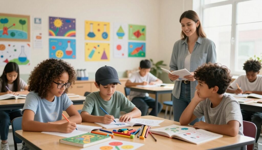 A cozy, well-lit classroom scene filled with diverse students engaged in various projects that reflect their personal interests. In the foreground, a group of three students, a girl with curly hair and glasses, a boy with a baseball cap, and another boy deep in thought, are gathered around a table overflowing with art supplies and books, showcasing their creative ideas. In the middle ground, colorful posters of science experiments and artistic creations adorn the walls, while a teacher observes with a supportive smile, creating a nurturing atmosphere. The background features a bright window with sunlight streaming in, illuminating the room and enhancing the sense of enthusiasm and collaboration. The overall mood is warm and inspiring, focusing on student-led empowerment and the joy of learning. A cozy, well-lit classroom scene filled with diverse students engaged in various projects that reflect their personal interests. In the foreground, a group of three students, a girl with curly hair and glasses, a boy with a baseball cap, and another boy deep in thought, are gathered around a table overflowing with art supplies and books, showcasing their creative ideas. In the middle ground, colorful posters of science experiments and artistic creations adorn the walls, while a teacher observes with a supportive smile, creating a nurturing atmosphere. The background features a bright window with sunlight streaming in, illuminating the room and enhancing the sense of enthusiasm and collaboration. The overall mood is warm and inspiring, focusing on student-led empowerment and the joy of learning.