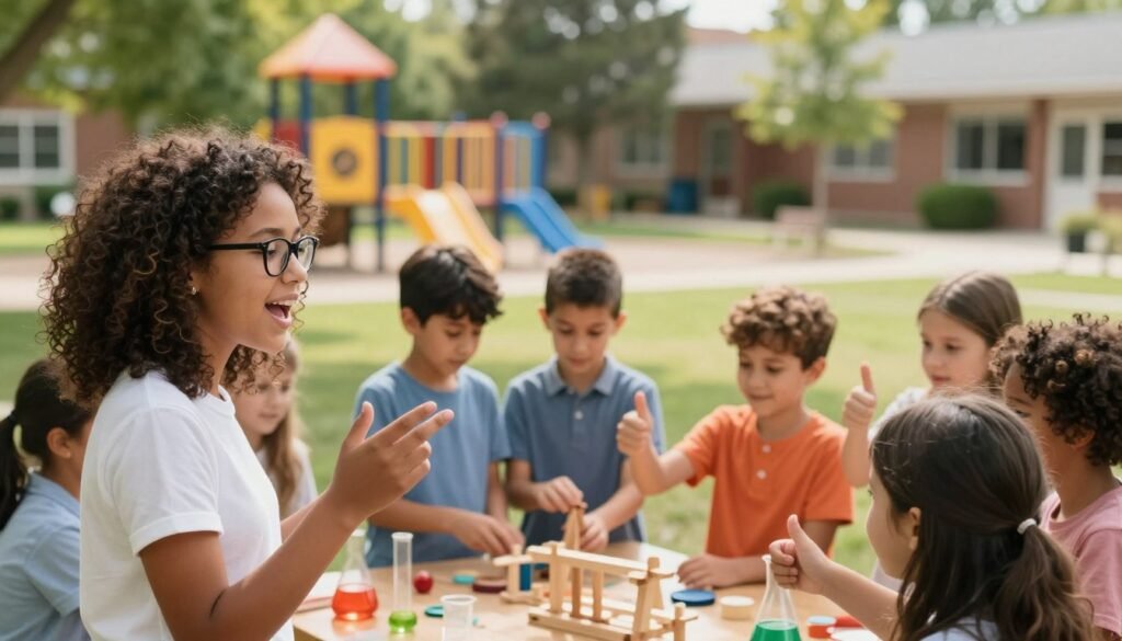 A joyful scene depicting a diverse group of children, ages 6 to 10, confidently engaging in a fun group activity outdoors, such as a science experiment or team sport. In the foreground, a girl with curly hair and glasses explains something enthusiastically to her friends, showcasing her knowledge and leadership. In the middle ground, two boys work together to build something, their expressions reflecting focus and determination, while a girl nearby gives them a thumbs-up, symbolizing support and encouragement. The background features a bright, sunny schoolyard filled with colorful playground equipment and lush greenery, creating a warm, inviting atmosphere. The lighting is soft and natural, enhancing the cheerful mood, captured from a slightly elevated angle to encompass the dynamic interaction and vibrant surroundings. A joyful scene depicting a diverse group of children, ages 6 to 10, confidently engaging in a fun group activity outdoors, such as a science experiment or team sport. In the foreground, a girl with curly hair and glasses explains something enthusiastically to her friends, showcasing her knowledge and leadership. In the middle ground, two boys work together to build something, their expressions reflecting focus and determination, while a girl nearby gives them a thumbs-up, symbolizing support and encouragement. The background features a bright, sunny schoolyard filled with colorful playground equipment and lush greenery, creating a warm, inviting atmosphere. The lighting is soft and natural, enhancing the cheerful mood, captured from a slightly elevated angle to encompass the dynamic interaction and vibrant surroundings.
