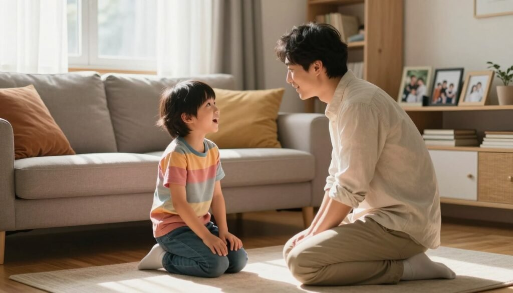 A serene and warm scene depicting a caring adult and a child engaged in a heartfelt conversation in a cozy living room. In the foreground, the adult, dressed in comfortable yet modest casual clothing, is kneeling down at eye level with the child, who is wearing a colorful T-shirt and jeans, reflecting excitement and openness. The middle ground features a soft, inviting sofa with colorful cushions, while light filters in softly through a window draped with sheer curtains, casting gentle shadows on the hardwood floor. In the background, family photographs and a few books on a shelf suggest a nurturing environment. The mood is uplifting and supportive, emphasizing the importance of daily connections to build confidence in children, with soft, warm lighting that creates an atmosphere of trust and love. A serene and warm scene depicting a caring adult and a child engaged in a heartfelt conversation in a cozy living room. In the foreground, the adult, dressed in comfortable yet modest casual clothing, is kneeling down at eye level with the child, who is wearing a colorful T-shirt and jeans, reflecting excitement and openness. The middle ground features a soft, inviting sofa with colorful cushions, while light filters in softly through a window draped with sheer curtains, casting gentle shadows on the hardwood floor. In the background, family photographs and a few books on a shelf suggest a nurturing environment. The mood is uplifting and supportive, emphasizing the importance of daily connections to build confidence in children, with soft, warm lighting that creates an atmosphere of trust and love.