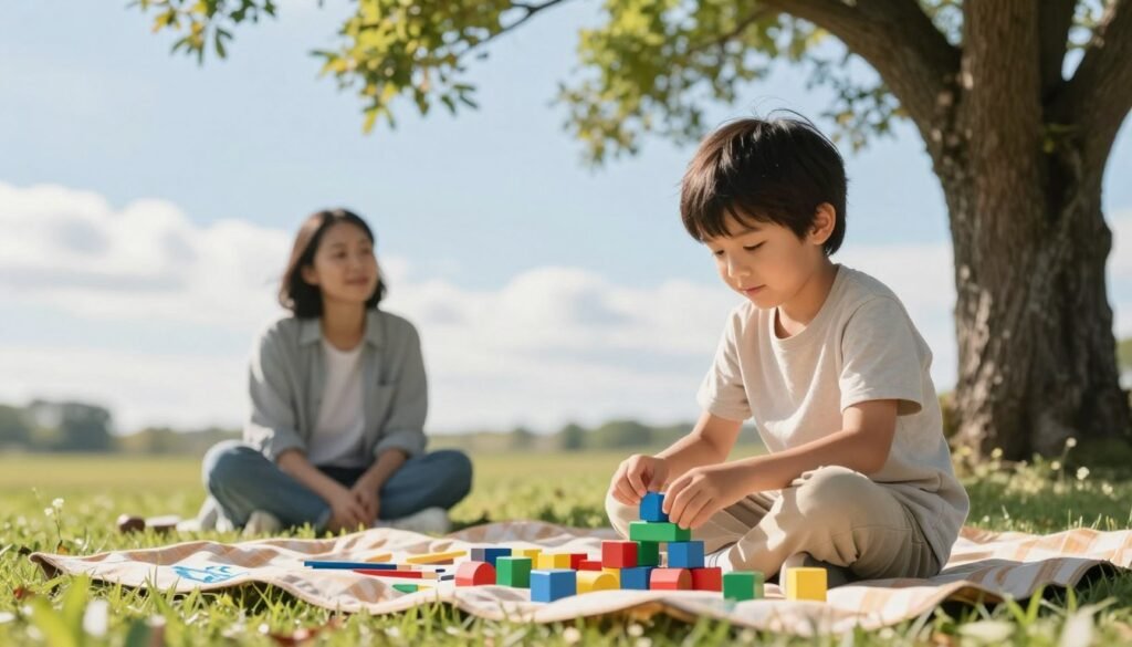 A serene outdoor scene depicting a child, around 7 years old, sitting under a tree, engaged in creative play with building blocks. The child, dressed in modest casual clothing, exhibits a sense of independence and joy. In the foreground, a picnic blanket with art supplies lies spread out, symbolizing self-expression. In the middle ground, a concerned yet supportive parent observes from a distance, maintaining a respectful boundary while offering a reassuring smile, emphasizing parental presence without interference. The background features a bright, sunny sky with soft, fluffy clouds, contributing to a positive and inviting atmosphere. The image is illuminated with warm, natural light, conveying a sense of balance and harmony between autonomy and parental guidance. The composition is captured from a slightly elevated angle, enhancing the child's focus on their activity.