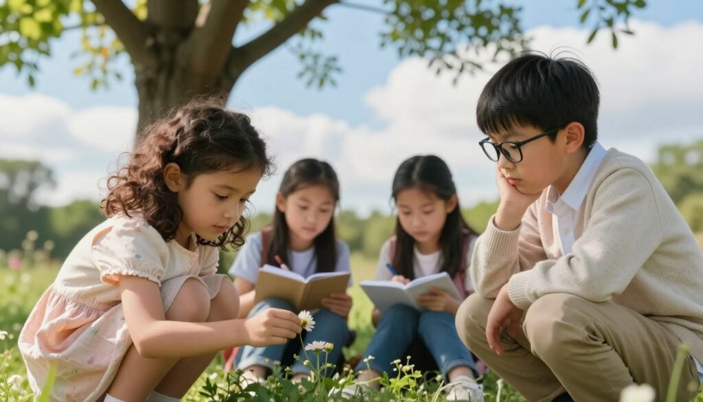 A serene outdoor scene depicting a group of highly sensitive children engaged in quietly observing nature. In the foreground, a young girl with curly hair, wearing a soft, pastel-colored dress, crouches down to examine a delicate flower, her expression one of wonder and curiosity. Next to her, a boy with glasses and a light sweater gently listens to the sounds of birds, showing a look of deep contemplation. In the middle ground, two other children sit under a leafy tree, sharing thoughts while sketching in their notebooks. The background features a bright blue sky with fluffy clouds and lush greenery, creating a peaceful atmosphere. Soft, warm lighting illuminates the scene, enhancing the sense of tranquility and safety, captured with a shallow depth of field to emphasize the children's expressions. A serene outdoor scene depicting a group of highly sensitive children engaged in quietly observing nature. In the foreground, a young girl with curly hair, wearing a soft, pastel-colored dress, crouches down to examine a delicate flower, her expression one of wonder and curiosity. Next to her, a boy with glasses and a light sweater gently listens to the sounds of birds, showing a look of deep contemplation. In the middle ground, two other children sit under a leafy tree, sharing thoughts while sketching in their notebooks. The background features a bright blue sky with fluffy clouds and lush greenery, creating a peaceful atmosphere. Soft, warm lighting illuminates the scene, enhancing the sense of tranquility and safety, captured with a shallow depth of field to emphasize the children's expressions.