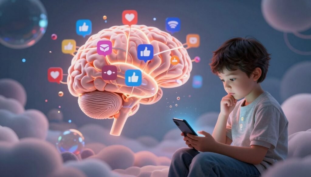 A surreal illustration of a child's brain, visually entwined with vibrant social media icons such as likes, shares, and notifications, represented as glowing wires or streams connecting to the brain. In the foreground, a young child, dressed in casual but tidy clothing, is seated with a thoughtful expression while looking at a smartphone, the screen reflecting colorful app icons. In the middle ground, the brain is displayed in a cross-section view, showing intricate neural connections illuminated by soft, ambient lighting to suggest activity and growth. The background features a dreamy, cloud-like environment filled with abstract, ethereal shapes symbolizing the vast digital landscape. The mood is introspective yet captivating, highlighting the dual nature of social media on brain development.